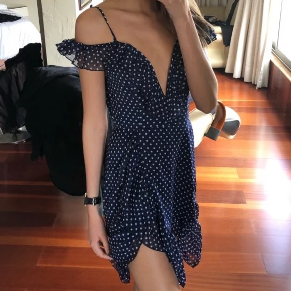 Last L! Red Polka Dot Cold Shoulder Ruffles Dress - Picture 6 of 6